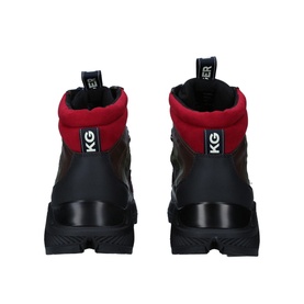 KG by Kurt Geiger Vegan Loaded Hiker Boot in black and red, rear view showing branded heel tab and thick treaded black sole