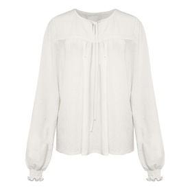 Phase Eight Viviana Tie Neck Jersey Blouse in cream with long sleeves, tie neckline, frill cuffs, and relaxed fit