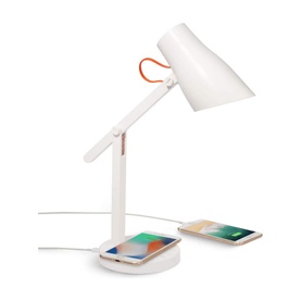 iStar Wireless Charging Lamp in white with adjustable arm, angled shade, and base charging pad with two smartphones displayed