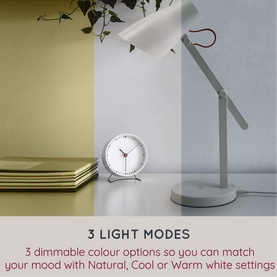 iStar Wireless Charging Lamp in white, shown demonstrating 3 dimmable light modes: natural, cool, and warm white settings