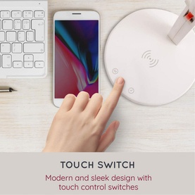 iStar Wireless Charging Lamp in white with touch control switch, shown alongside a smartphone on a desk