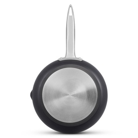 Zyliss Ultimate Pro 24cm Frying Pan with Spout, stainless steel base and silver handle, non-stick interior, viewed from below