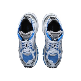 Balenciaga Runner Trainers in blue, overhead view showing chunky silhouette, mesh and nylon upper with PU details and lace fastening