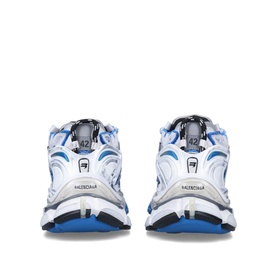 Balenciaga Runner Trainers in blue and white, mesh and nylon, chunky sole, lace fastening, rear view showing elasticated pull tab