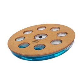 NOHrD Eau-Me Balance Board in light brown ash wood with oval polycarbonate water tank filled with blue water, featuring circular cut-out holes