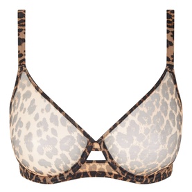 Agent Provocateur Lucky Leopard Sheer Underwired Bra in brown leopard print with mesh panelling, adjustable straps, and underwired cups