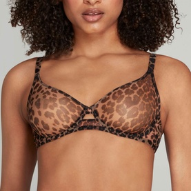 Model wearing Agent Provocateur Lucky Leopard Sheer Underwired Bra in brown leopard-print mesh with ring detail and adjustable straps