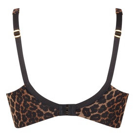 Agent Provocateur Lucky Leopard Sheer Underwired Bra in brown leopard print with black mesh trim, gold hardware, and adjustable straps