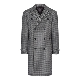 Reiss General Houndstooth Double-Breasted Coat in black, notch lapels, padded shoulders, buttoned cuffs, wool blend