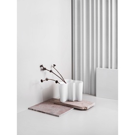 Iittala Aalto Vase 120mm in white opal glass with dried cotton stems, displayed on a dusty pink marble tray against a neutral background