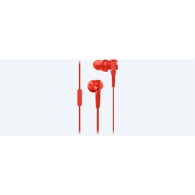 Sony MDRXB55 Extra Deep Bass in-ear headphones in red, with inline microphone and matching red cable