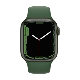 Apple Watch Series 7 GPS 41mm in green aluminium case with Clover green sport band, digital watch face displayed