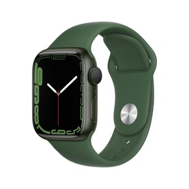 Apple Watch Series 7 GPS 41mm green aluminium case with clover green sport band, digital watch face displayed