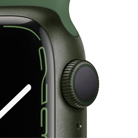 Apple Watch Series 7 GPS 41mm Green Aluminium Case with Clover Sport Band, side view showing Digital Crown and green band detail