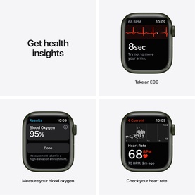 Apple Watch Series 7 GPS 41mm Green Aluminium with Clover Sport Band, four-panel display showing ECG, blood oxygen, and heart rate features