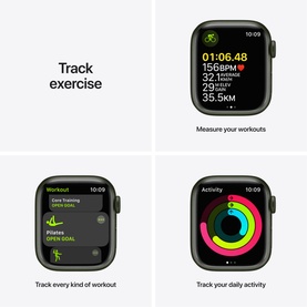 Apple Watch Series 7 GPS 41mm Green Aluminium Case showing exercise tracking, workout, and activity features across four screen views