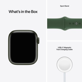 Apple Watch Series 7 GPS 41mm Green Aluminium Case with Clover Sport Band, showing watch, green band, and USB-C Magnetic Fast Charging Cable