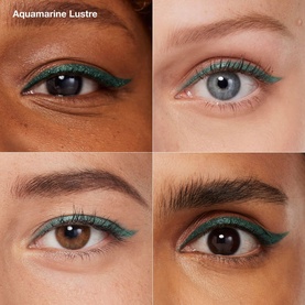 Four close-up eye looks wearing Clinique Quickliner For Eyes Intense in Aquamarine Lustre, shown on diverse skin tones with precise liner application.