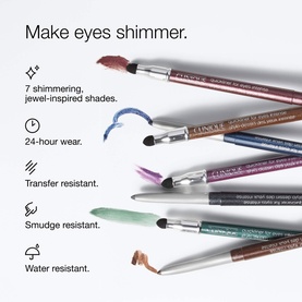 Clinique Quickliner For Eyes Intense eyeliner pencils in 7 jewel-inspired shades fanned out, showing swatches. Transfer, smudge and water resistant.