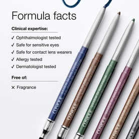 Clinique Quickliner For Eyes Intense eye pencils in multiple shades displayed with formula facts and clinical credentials listed.