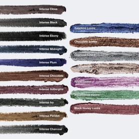 Clinique Quickliner For Eyes Intense eyeliner pencil swatches showing 15 shades including Intense Black, Sapphire Lustre, and Charcoal Lustre.