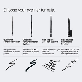Clinique Quickliner For Eyes Intense eyeliner formula guide showing four eyeliner types with swatches, including Intense Black pencil variant.