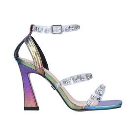 KG by Kurt Geiger Vegan Flo Sandals in multi iridescent PU, three perspex straps with gem studs, buckle ankle strap, sculptural stiletto heel