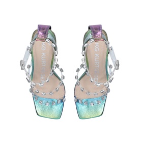 KG by Kurt Geiger Vegan Flo Sandals in multi iridescent, overhead view showing gem stud detailing and perspex straps on sculptural heel
