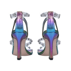 KG by Kurt Geiger Vegan Flo Sandals in multi iridescent PU, rear view showing perspex straps, gem stud detailing and sculptural stiletto heel