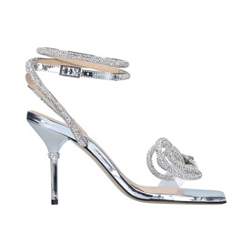Mach & Mach Double Bow 95 Heeled Sandals in silver with crystal-embellished double bow, wrap ankle strap, and stiletto heel