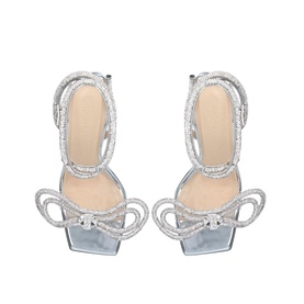 Mach & Mach Double Bow 95 Heeled Sandals in silver, crystal-embellished double bow detail, square open toe, ankle strap with buckle