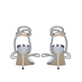 Mach & Mach Double Bow 95 Heeled Sandals in silver, crystal-embellished double bow ankle straps, slim stiletto heel, rear view