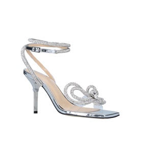 Mach & Mach Double Bow 95 Heeled Sandals in silver with crystal-embellished double bow, ankle wrap strap and square open toe