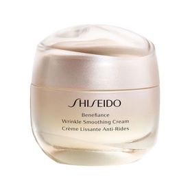 Shiseido Benefiance Wrinkle Smoothing Cream 50ml in a gold-lidded frosted glass jar with white cream texture visible