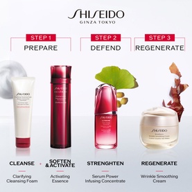Shiseido 3-step skincare routine: Clarifying Cleansing Foam, Activating Essence, Serum Power Infusing Concentrate