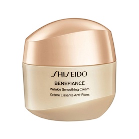 Shiseido Benefiance Wrinkle Smoothing Cream 30ml in gold-toned pot with cream lid and branded label
