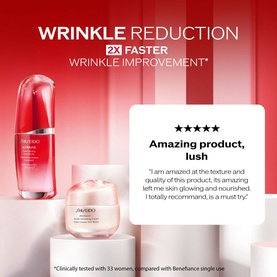 Shiseido Benefiance Wrinkle Smoothing Cream 30ml with serum, displayed against red background with 5-star review and wrinkle reduction claim