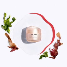 Shiseido Benefiance Wrinkle Smoothing Cream 30ml jar on abstract background with botanical elements