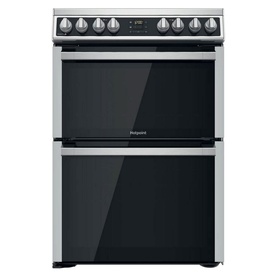 Hotpoint Electric Freestanding Double Cooker 60cm in silver with dual oven compartments, black glass doors, and six hob controls