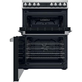 Hotpoint 60cm Silver Electric Freestanding Double Cooker with doors open, showing two oven cavities with wire shelves and top hob controls
