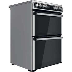 Hotpoint Electric Freestanding Double Cooker 60cm in silver, angled view showing dual oven compartments and ceramic hob top