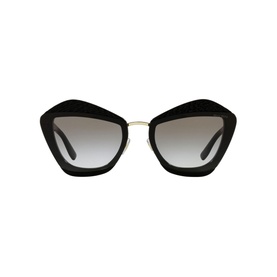 Miu Miu Butterfly Sunglasses 0MU 01XS in black with angular cat-eye frames, gold bridge, and gradient grey lenses