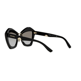 Miu Miu Butterfly Sunglasses 0MU 01XS in black with angular cat-eye frames, grey lenses, and gold-tone hardware detail at temples