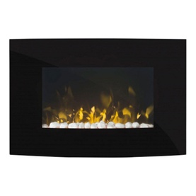 Dimplex Artesia Wall Mounted Fire in black with curved glass front, glowing yellow flame effect and white pebble bed display