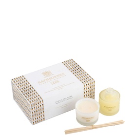 Rathbornes Dublin Tea Rose Diffuser and Candle Gift Set with white candle, reed diffuser, and gold-lidded jar in patterned gift box