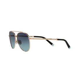Tiffany & Co Pilot Sunglasses 0TF3074 in gold-tone metal with gradient blue lenses and black arms, side angle view