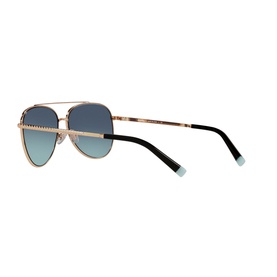 Tiffany & Co Pilot Sunglasses 0TF3074 in gold with blue gradient lenses, tortoiseshell temples and teal tips, aviator silhouette, side view