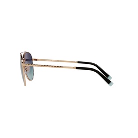 Tiffany & Co Pilot Sunglasses 0TF3074 in gold-tone metal, side profile showing twisted bridge detail and gradient blue lenses with black tips
