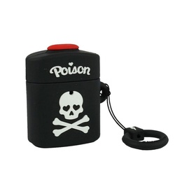 Mojipower Poison Airpods Case in black silicone with skull and crossbones motif, red button top, and black wrist lanyard