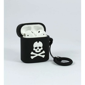Mojipower Poison AirPods Case in black silicone with white skull and crossbones motif, shown with AirPods inside and lanyard attachment